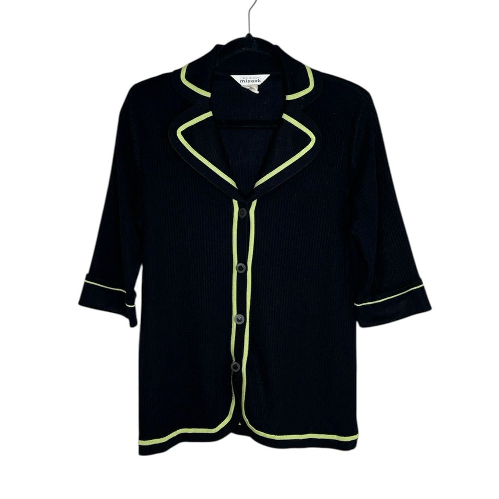 Misook Black with Lime Green Trim 3/4 sleeve Ribbed Knit Office Cardigan Blazer